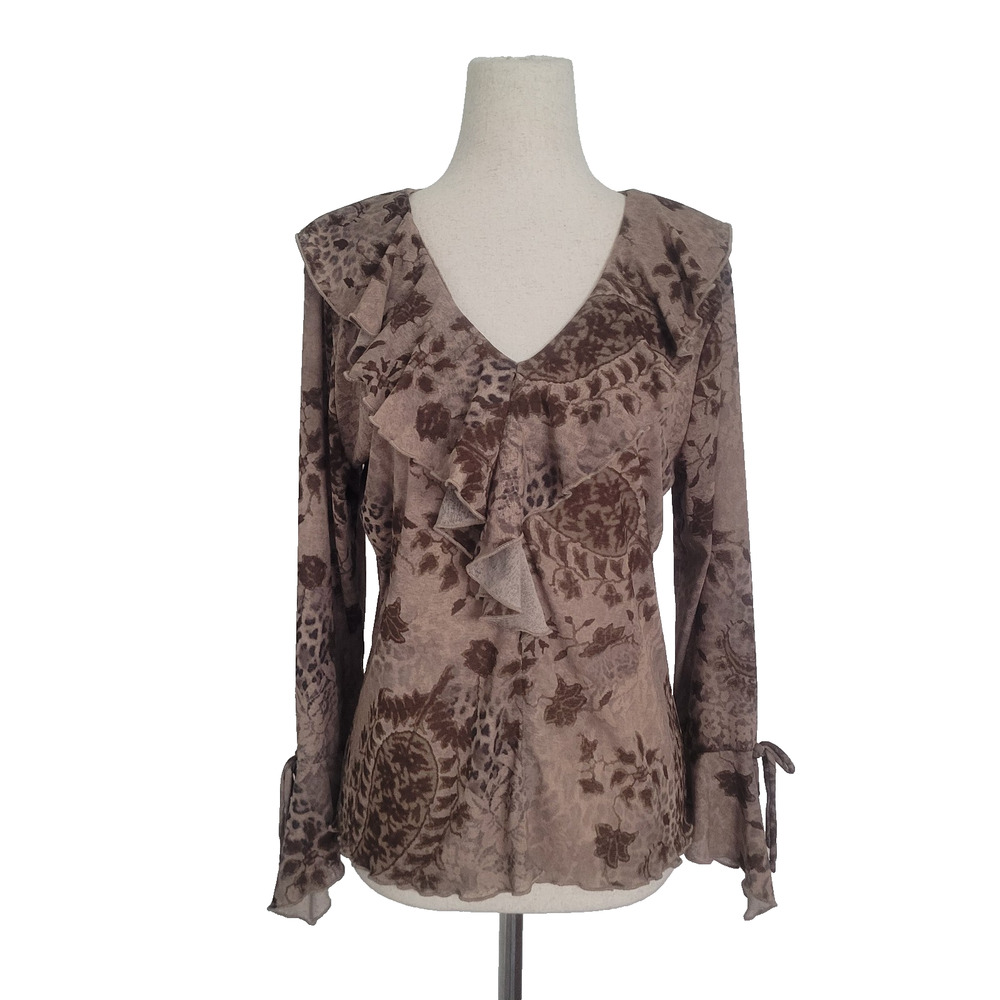Vintage Y2K Mesh Floral Ruffle V-Neck Top Size L Brown Boho Earthy Whimsical